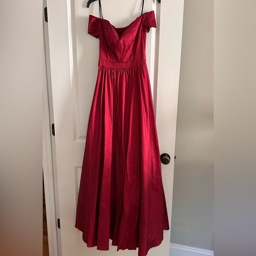 B Darlin Off-Shoulder Red Evening Gown
